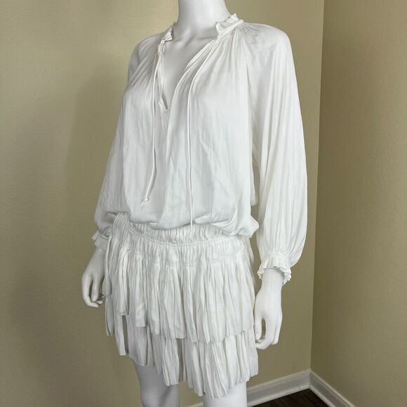 Current Air Women's Size L White Aurelie Pleated Tiered Ruffle Mini Smock Dress - Picture 8 of 14